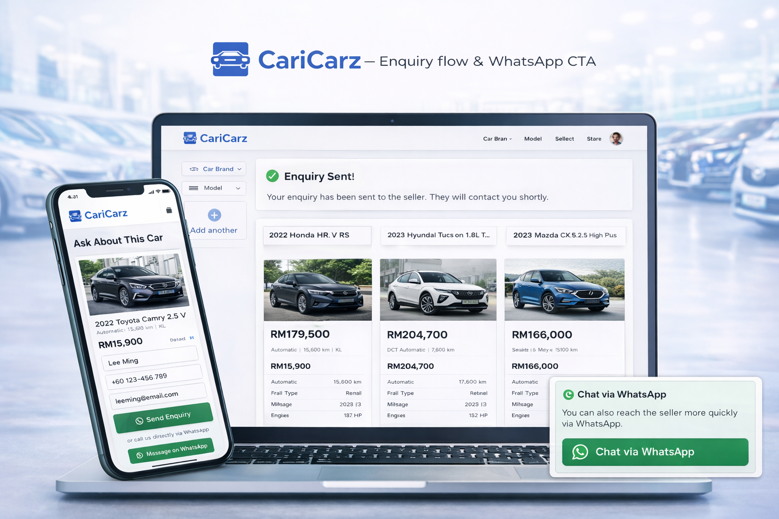 CariCarz — Enquiry flow & WhatsApp CTA